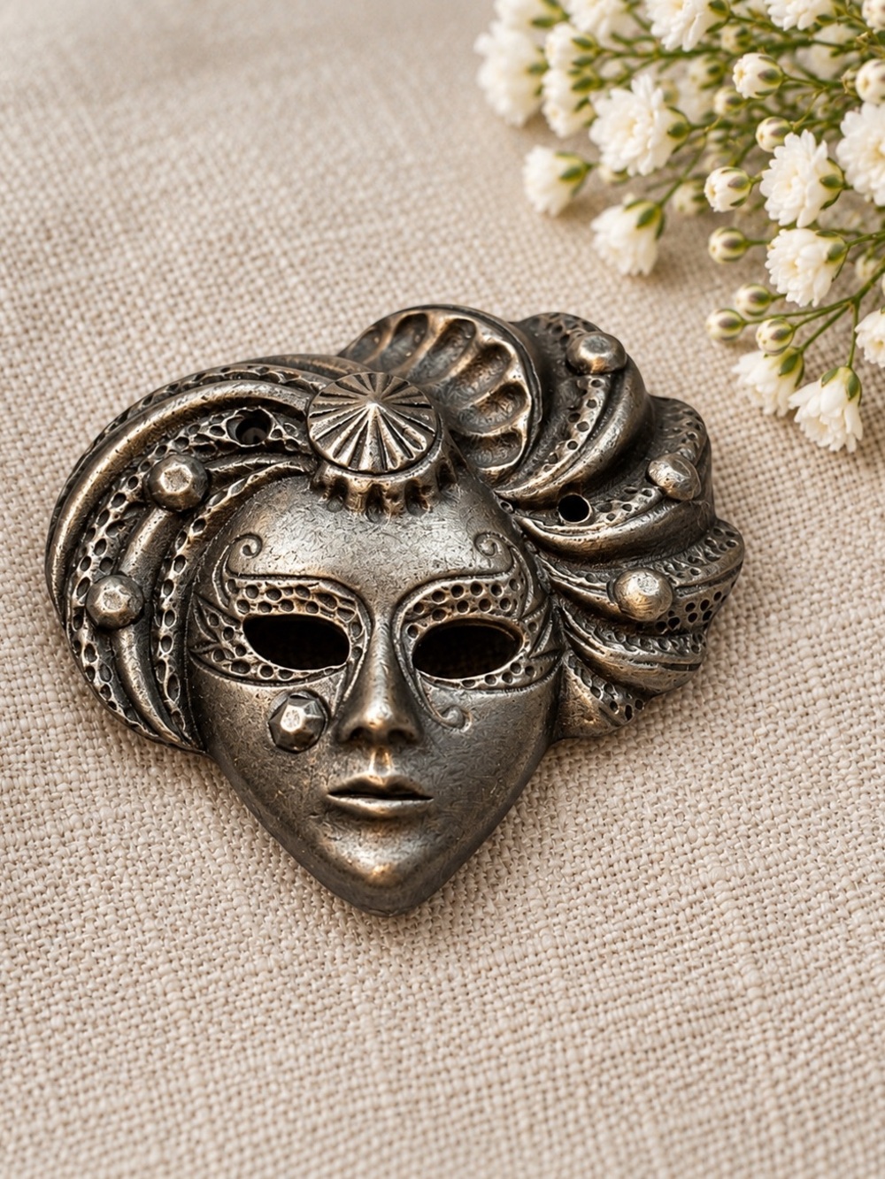 Dramatic Pewter Theatre Mask Brooch Sculptural Statement Pin